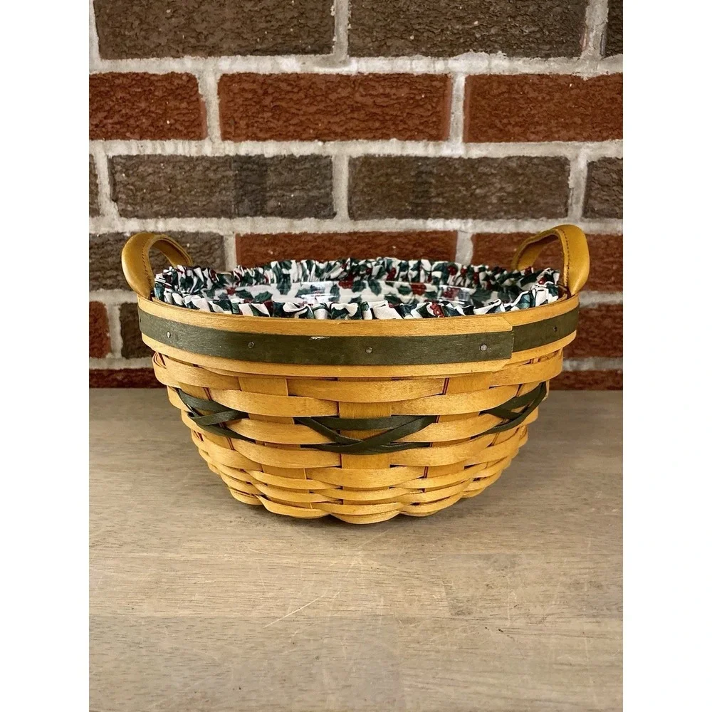 1999 Popcorn ~ Longaberger Green Basket w/ Leather Handles ~ Liner & Protector